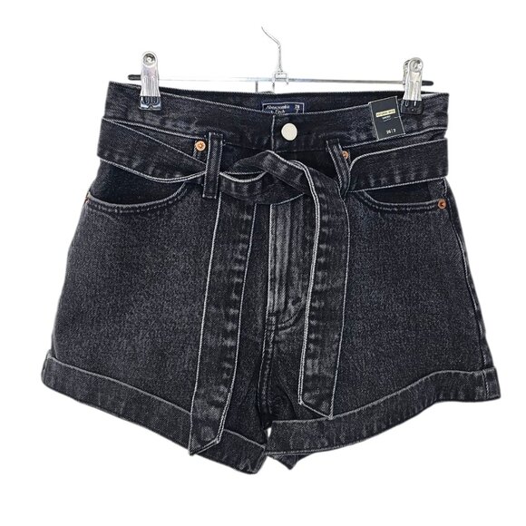 Abercrombie & Fitch Pants - Abercrombie & Fitch Natural Rise Denim Shorts, Cotton, Black Wash, Tie Waist, 26